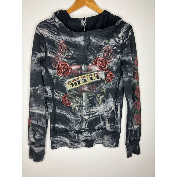 Y2K Sinful Affliction Womens Medium Zip Up Hoodie Black Tie Dye Rose Tattoo Hear - Picture 10 of 13